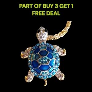 🐢Turtle Necklace / Brooch Enamel & Bling Stones Shell Blue Aqua - NWOT🐢